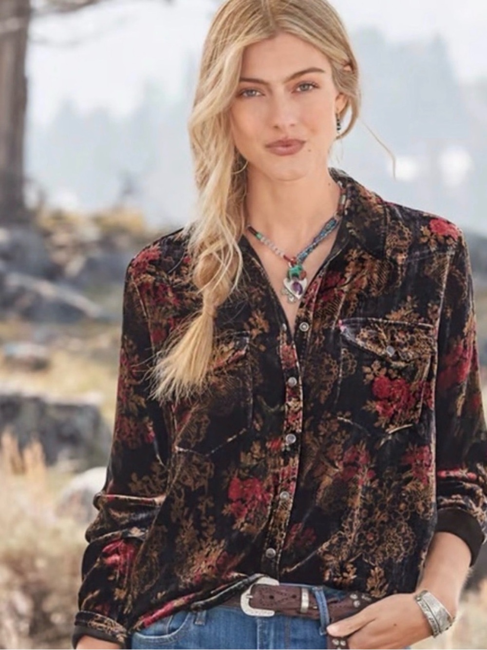 Sundance Anja dark floral velvet top, size L